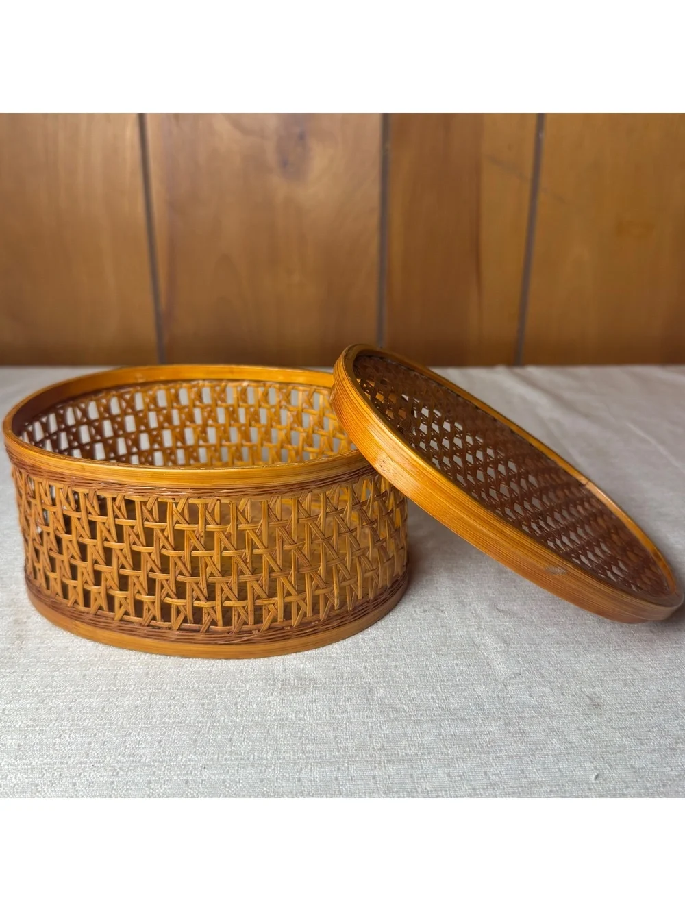 Vintage Shanghai Handicrafts Wicker Basket Lidded Oval Chinese Rattan Box